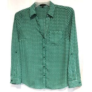The Limited Womens Med Green White Blouse Tab Sleeve Geometric Office Casual